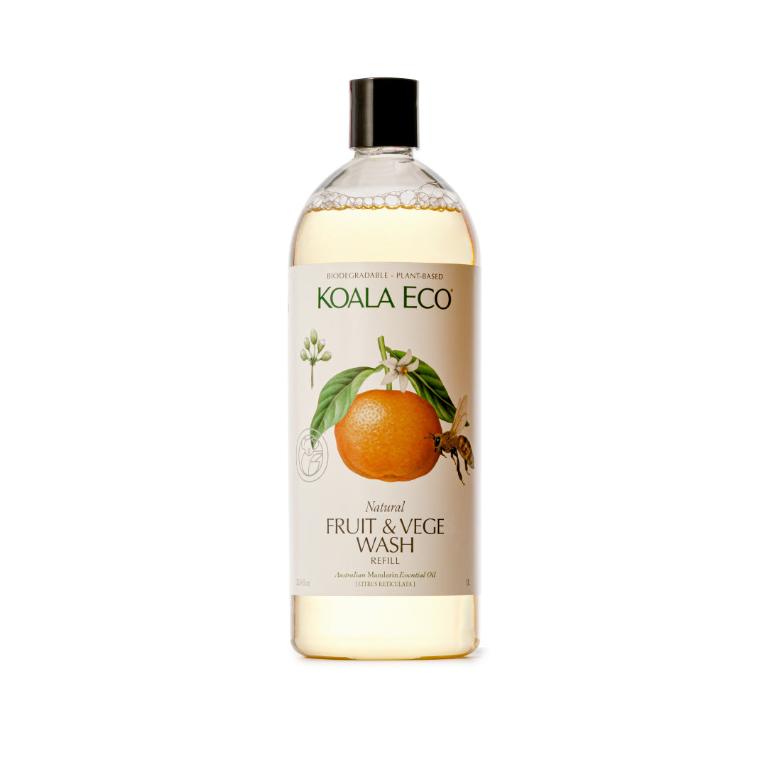 Koala Eco&#39;s Fruit &amp; Vege Wash - Refill bottle features a label with orange and green leaves, set against a white background.